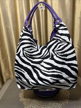 Zebra Print Shoulder Tote with Purple Handles
